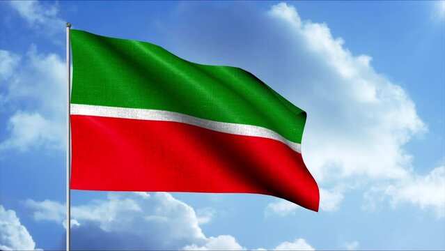 Tatarstan flag waving in the wind against light blue sky background. Motion. Concept of patriotism and national pride.