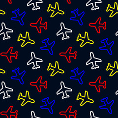 Bright colorful multicolored small contour planes isolated on a dark blue background. Cute transport seamless pattern. Vector simple flat graphic illustration. Texture.