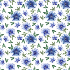 Seamless pattern of blue petunia flowers. Bright watercolor flowers.