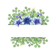 Composition of blue petunia flowers with leaves. Watercolor illustration.