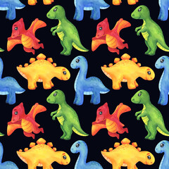 Obraz premium Seamless pattern with colorful dinosaurs. Tyrannosaurus, pterodactyl, stegosaurus, diplodocus on a dark background. Children's dino print in cartoon style for fabric, paper, wallpaper