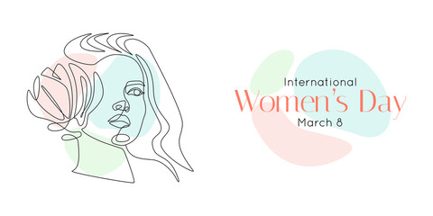 International Women's Day holiday vector illustration. Woman face with flower in one continuous line drawing. Doodle Female portrait in linear style for web banner or greeting card