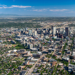 Aerial view of Denver’s skyline without a Rocky Mountain backdrop