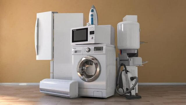 Household and kitchen appliances and home technics . E-commerce online internet store, delivery and moving concept. 3d loopable video animation