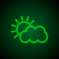 Cloud sun simple icon. Flat desing. Green neon on black background with green light.ai