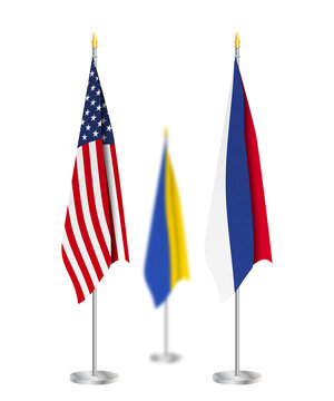United States of America, Russia and Ukraine flag pole isolated on white background. Conference on conflict resolution in Ukraine.