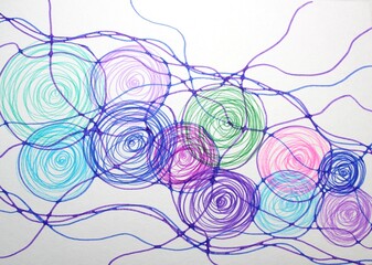 Random lines, circles, colors draw on white paper in neurographics style