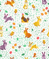 Seamless vector pattern with Easter eggs, funny bunnies, cute chickens and plant elements. Flat graphics.