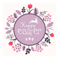 Easter round decorative element with floral pattern and greeting lettering. Flat vector isolated on white background.