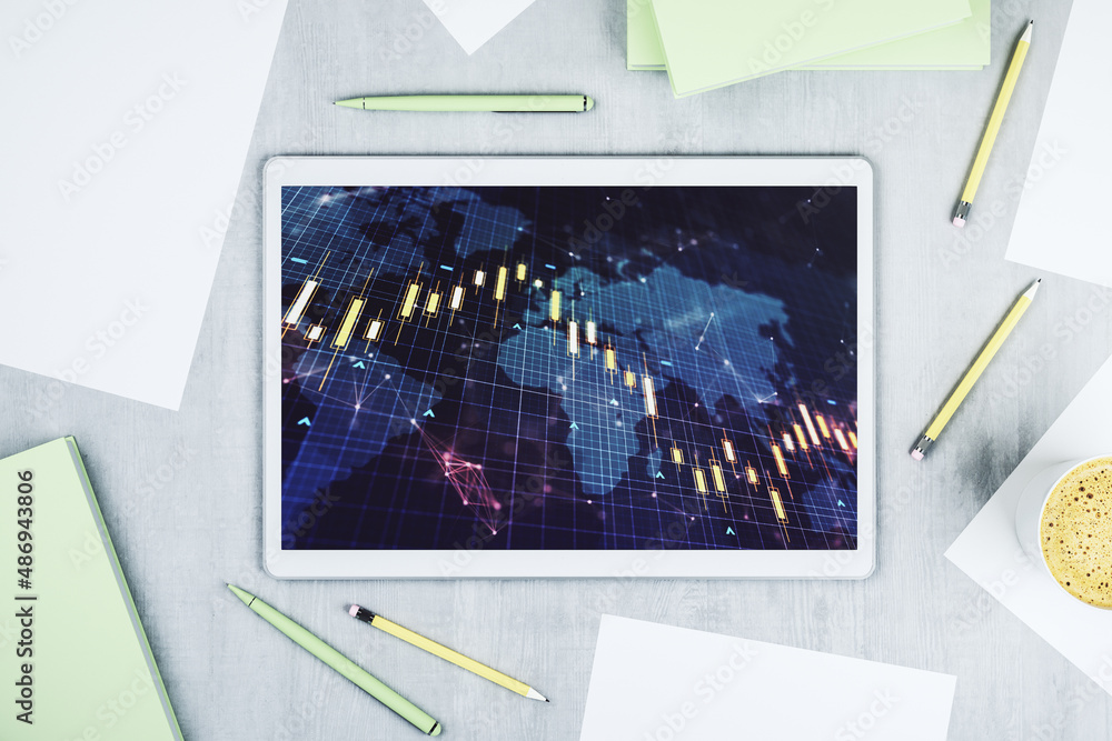 Poster modern digital tablet display with abstract creative financial chart and world map, research and ana
