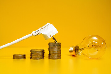 Concept of rising electricity prices. AC power plug, coins and lamp.