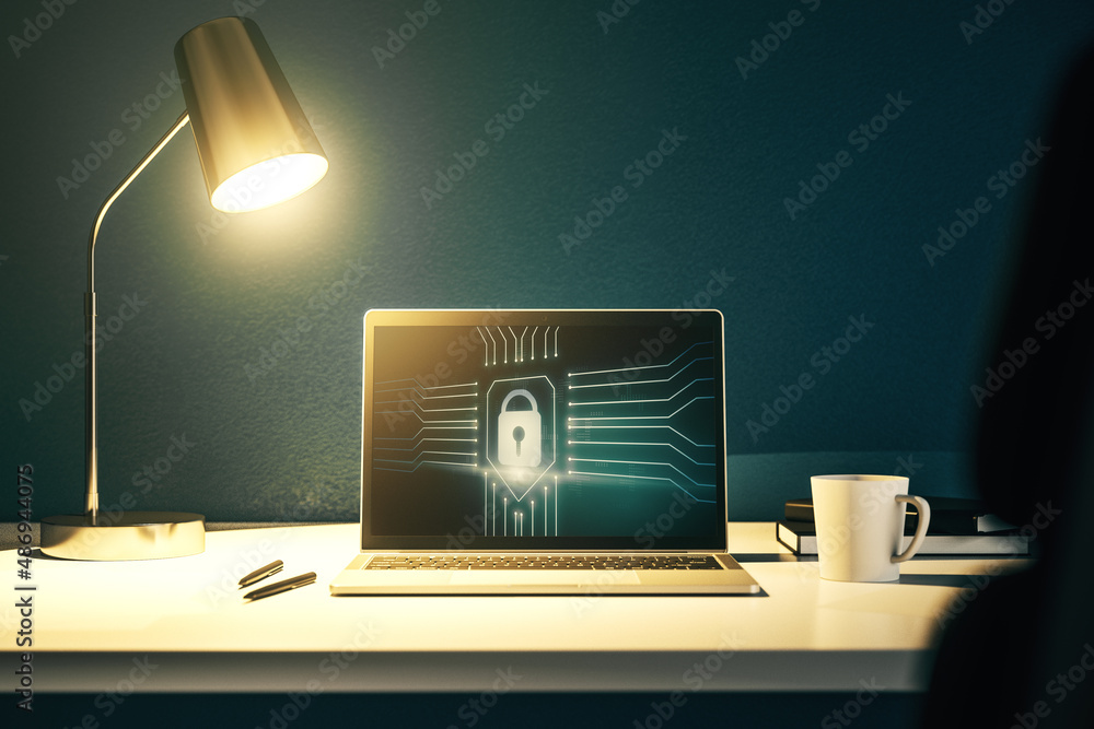 Poster Computer monitor with creative light lock illustration and microcircuit, cyber security concept. 3D Rendering