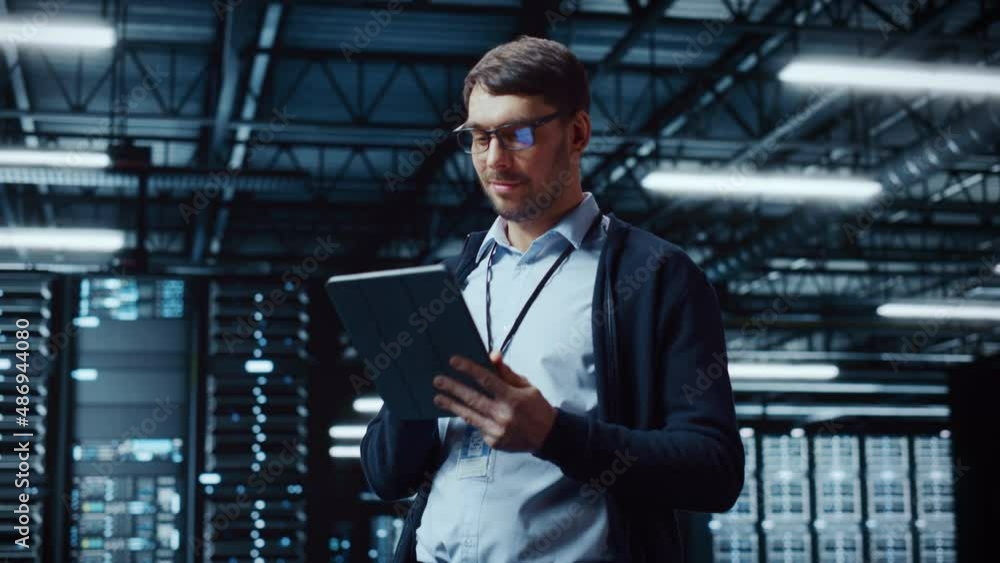 Aufkleber Successful Data Center IT Specialist Using Tablet Computer. Server Farm Cloud Computing Facility with System Administrator Working. Data Protection Engineering Network for Cyber Security.