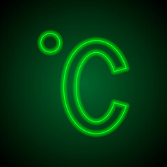 Degree celsius simple icon. Flat desing. Green neon on black background with green light.ai