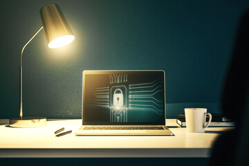 Computer monitor with creative light lock illustration and microcircuit, cyber security concept. 3D Rendering