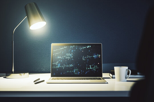 Creative scientific formula illustration on modern computer monitor, science and research concept. 3D Rendering