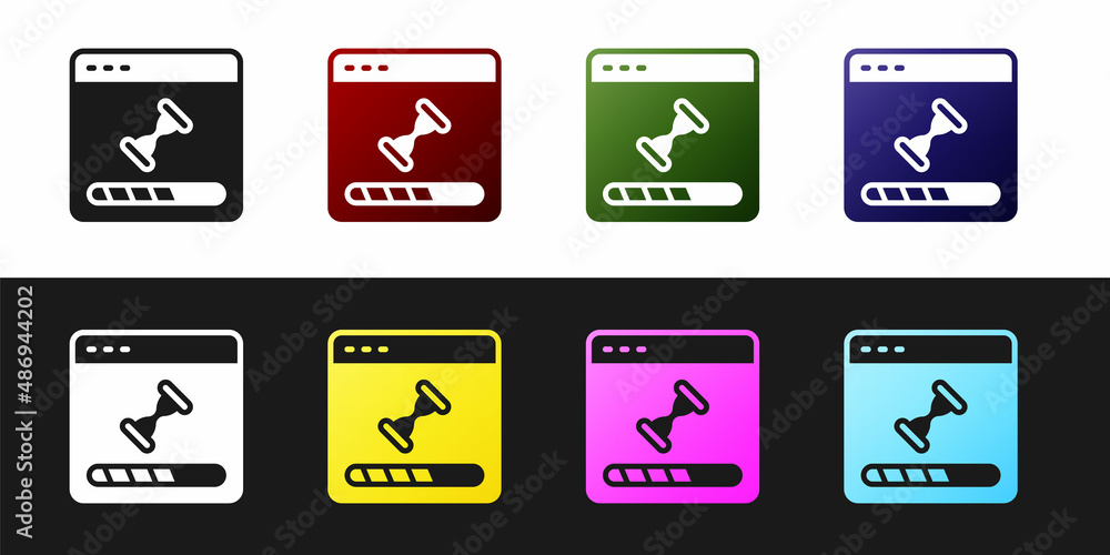 Aufkleber set loading a data window with a progress bar icon isolated on black and white background. vector