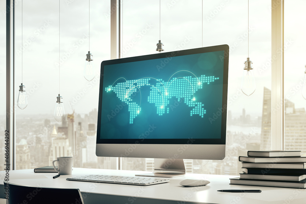 Aufkleber Abstract creative world map with connections on modern laptop screen, international trading concept. 3D Rendering