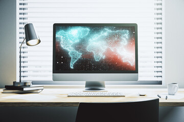 Abstract creative world map on modern laptop screen, international trading concept. 3D Rendering