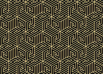 Abstract geometric pattern with stripes, lines. Seamless vector background. Gold and black ornament. Simple lattice graphic design