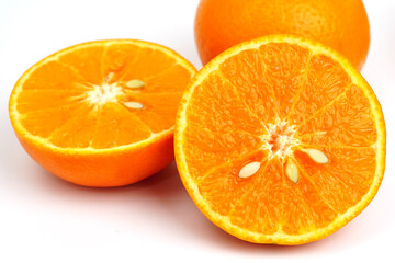 Fototapeta na wymiar Ripe orange fruit. Orange full macro shoot fruit healthy food ingredient. Organic fresh orange isolated on white. 