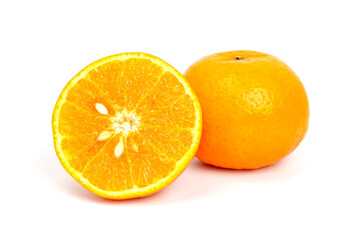 Ripe orange fruit. Orange full macro shoot fruit healthy food ingredient. Organic fresh orange isolated on white.	