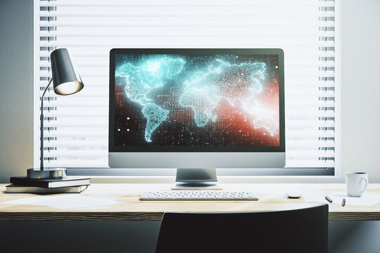 Abstract creative world map on modern laptop screen, international trading concept. 3D Rendering