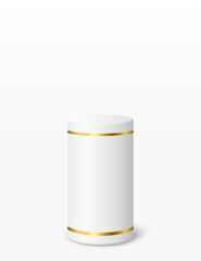 White and gold cylinder pedestal podium with empty room background. Minimalistic wall scene.Vector
