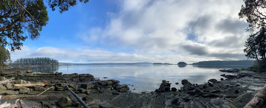 Panoramic view of Clam Bay, Thetis Island, British Columbia, Canada