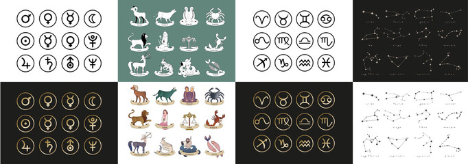 Zodiac symbols and illustrations. Symbols of signs and planets. Constellations - obrazy, fototapety, plakaty