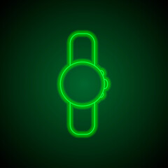 Hand watch simple icon. Flat desing. Green neon on black background with green light.ai