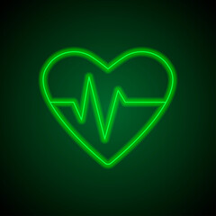 Heartbeat simple icon vector. Flat desing. Green neon on black background with green light.ai