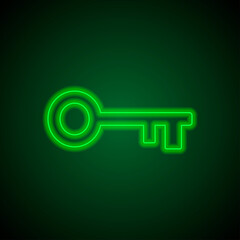 Key simple icon vector. Flat desing. Green neon on black background with green light.ai