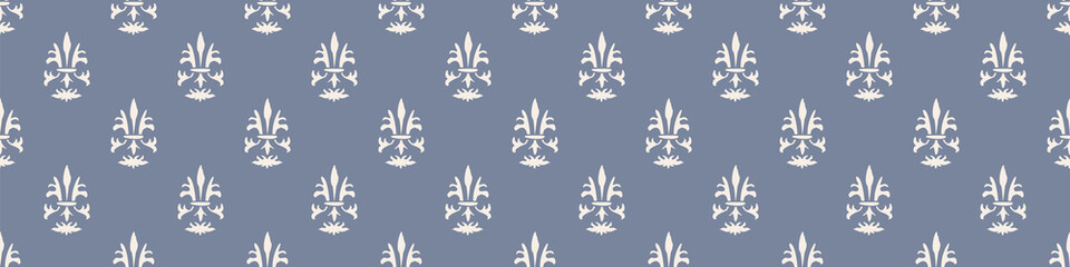 French fleur de lis royal lily seamless border. Farmhouse cottage banner. Lilies lys flower flourish motif rustic damask. © Limolida Studio