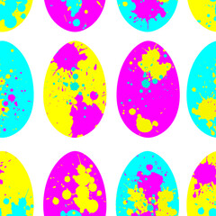 Vector easter seamless pattern: multicolor eggs on white. Holiday design with creative pink, yellow, blue splashes and drops. For textile, wrapping paper, package .