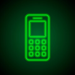 Mobile phone simple icon. Flat desing. Green neon on black background with green light.ai