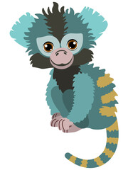 Sweet little marmoset. Callithrix jacchus. Fauna of the Amazon rainforest. Vector flat illustration. Cartoon style. Children's illustration. 