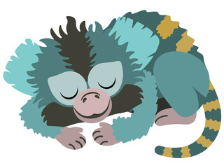 Sleeping cute little marmoset. Callithrix jacchus. Fauna of the Amazon rainforest. Vector flat illustration. Cartoon style. Children's illustration.