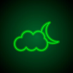 Moon cloud simple icon. Flat desing. Green neon on black background with green light.ai