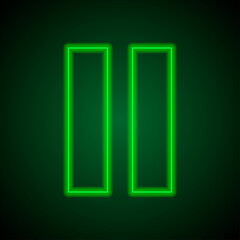 Pause simple icon vector. Flat desing. Green neon on black background with green light.ai