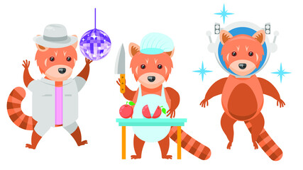 Set Abstract Collection Flat Cartoon Different Animal Red Pandas Dancing Under The Disco Ball, Chef Cuts Vegetables With A Knife, Astronaut In Helmet Vector Design Style Elements Fauna Wild