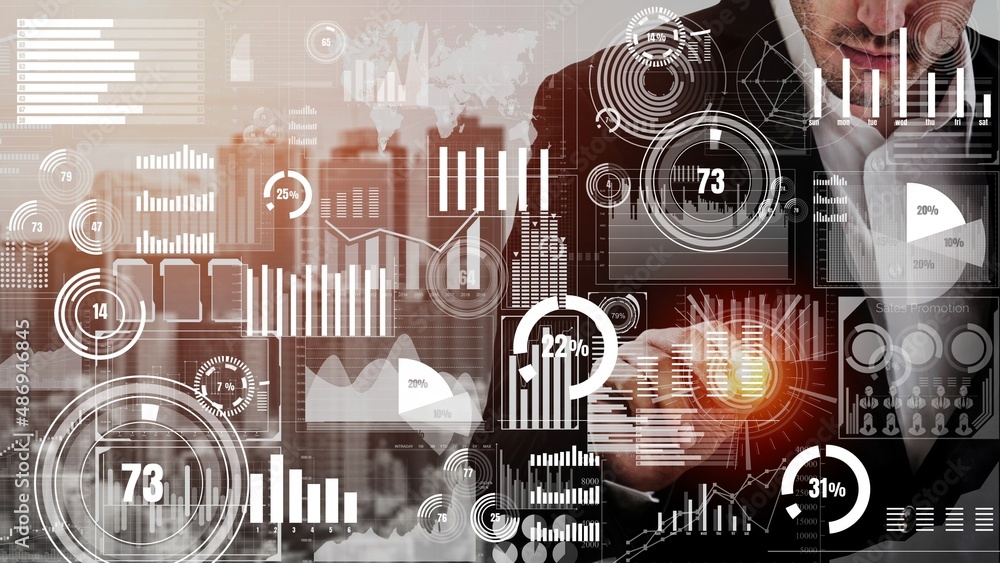 Poster conceptual business dashboard for financial data analysis . 3d render computer graphic .