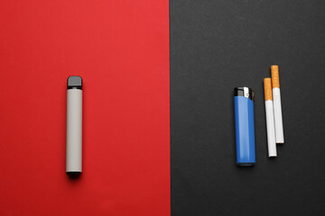 Disposable electronic smoking device near lighter and cigarettes on color background, flat lay