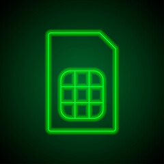 Sim card simple icon. Flat desing. Green neon on black background with green light.ai