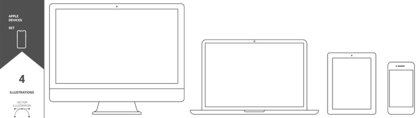 Devices Set. Desktop Computer, Laptop, Pad, Smartphone. Stock Vector