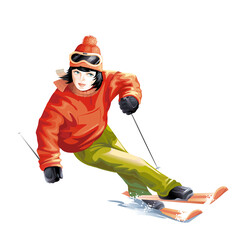 A female skier in a red ski jacket. Isolated on white. Vector.