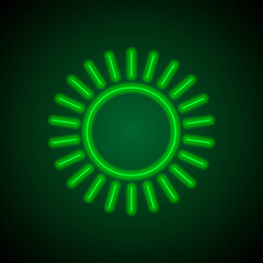 Sun simple icon, vector. Flat desing. Green neon on black background with green light.ai