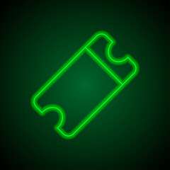 Ticket simple icon vector. Flat desing. Green neon on black background with green light.ai