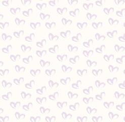 Seamless pattern of hand drawn hearts in pastel purple color on beige and neutral background