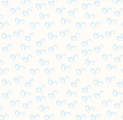 Seamless pattern of hand drawn hearts in pastel blue color on beige and neutral background